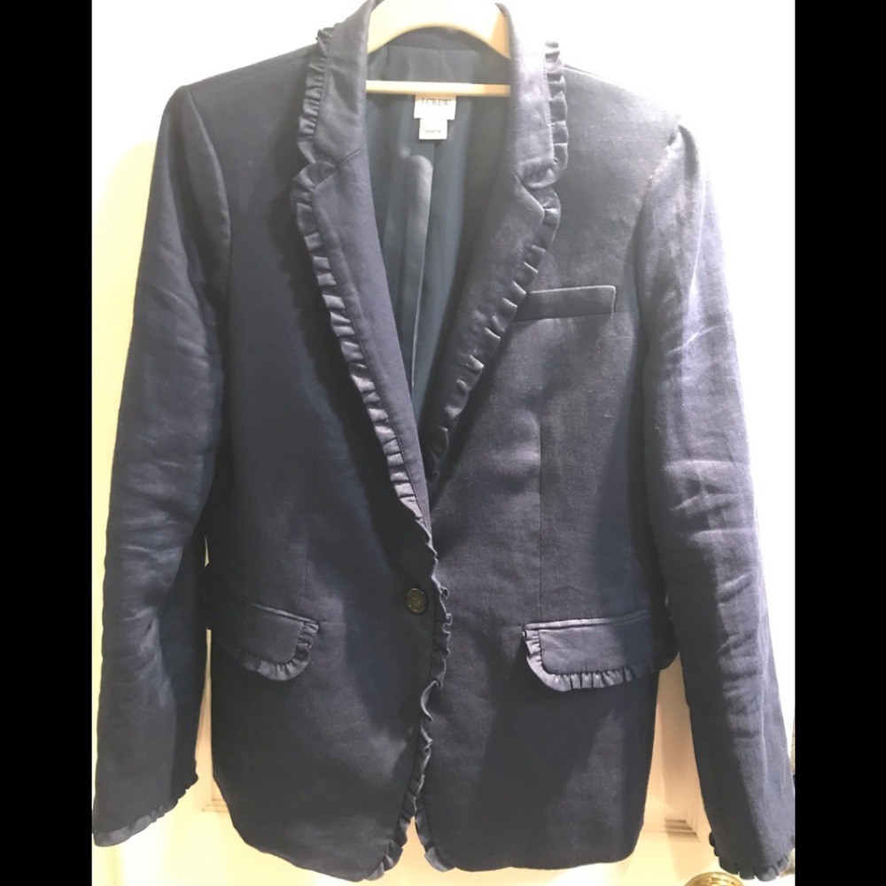 J Crew Navy Linen Blazer with Ruffle Trim